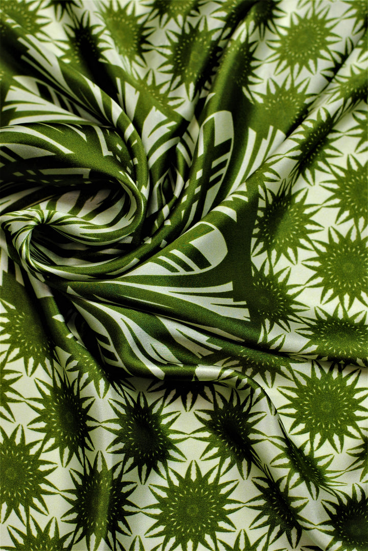 WISDOM Mandala Art Pure Silk Square Scarf in Olive Sage White by Alesia Chaika