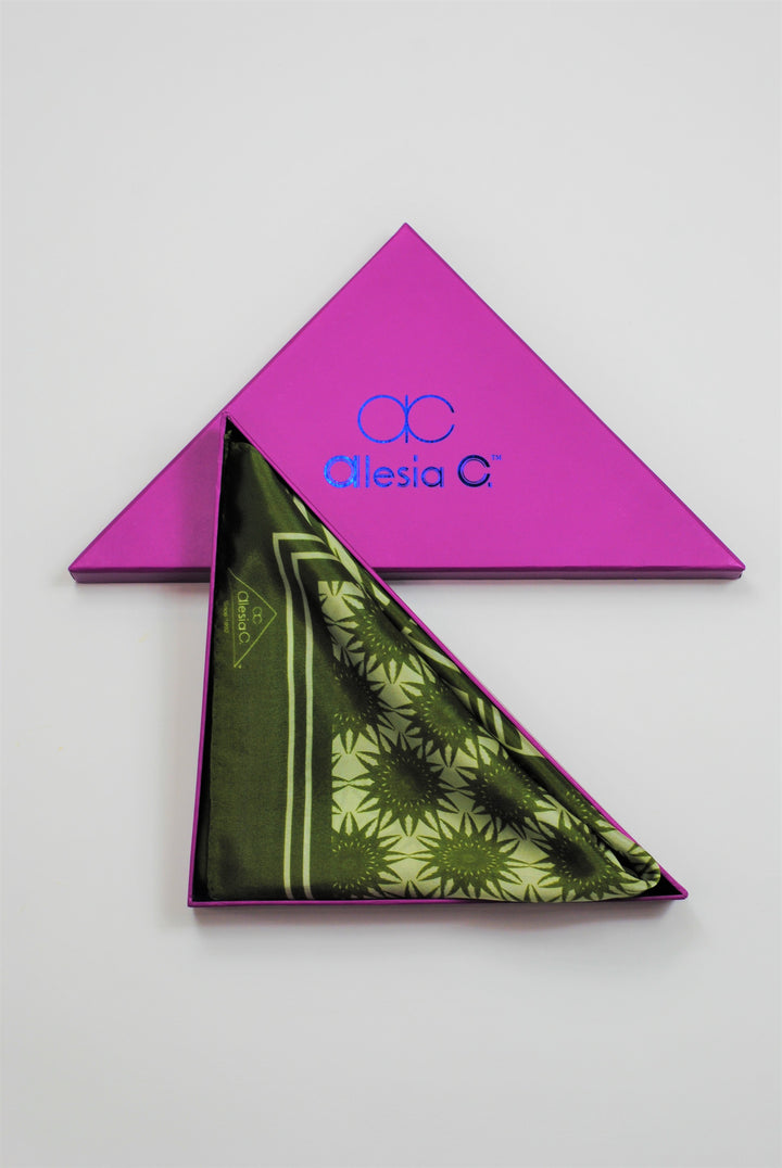WISDOM Mandala Art Pure Silk Square Scarf in Olive Sage White by Alesia Chaika