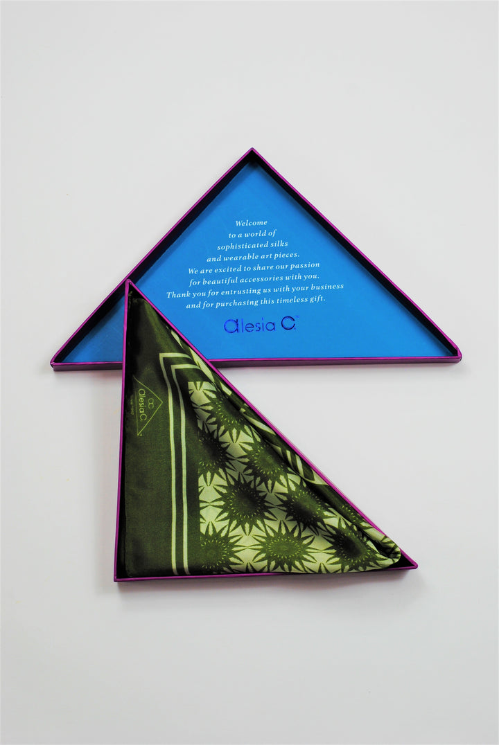 WISDOM Mandala Art Pure Silk Square Scarf in Olive Sage White by Alesia Chaika