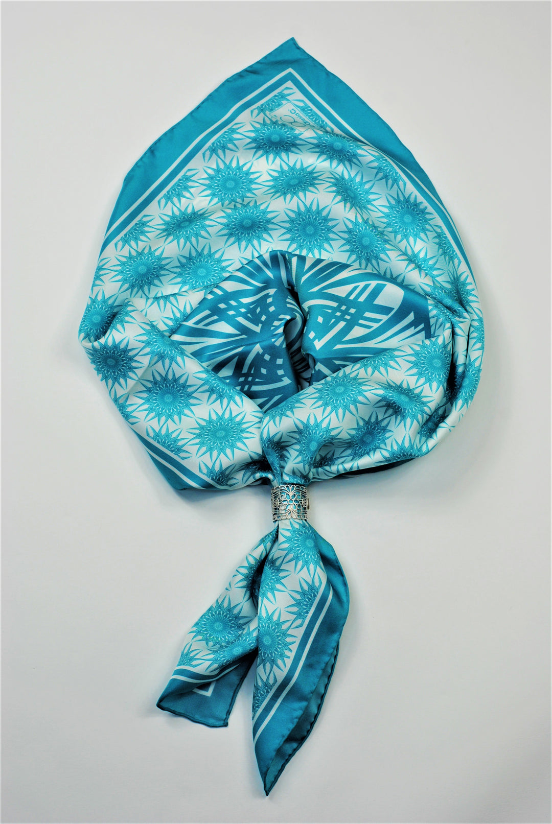Designer Luxury Scarf WISDOM Mandala Art Pure Silk Square Scarf in Turquoise White by Alesia Chaika