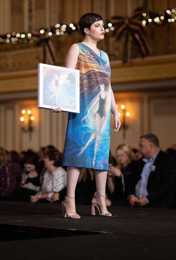 Wearable Art Dress by Chicago Fashion Designer Alesia Chaika Spiritual Mind Universe Be Grateful. Life is A Gift. Fine Art Made in USA Palmer House Hilton Chicago