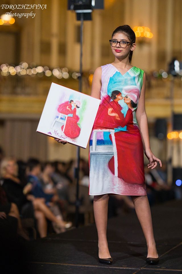 Summer Bright Midi Dress With Sleeves Wearable Art YOU ARE THE BEST by artist Alesia Chaika Made In USA Featured at the Museum Of Contemporary Art Chicago Mom and Daughter Love Story