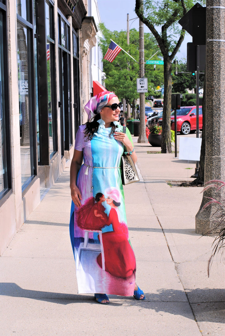 Chicago North Shore Designer Summer Bright Maxi Dress With Sleeves Wearable Art YOU ARE THE BEST by artist Alesia Chaika Made In USA Featured at the Museum Of Contemporary Art Chicago in the charity runway fashion show and artworks exhibition