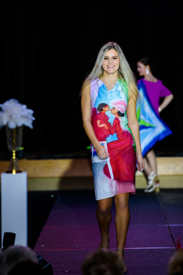 Summer Bright Midi Dress With Sleeves Wearable Art YOU ARE THE BEST by artist Alesia Chaika Made In USA Featured at the Museum Of Contemporary Art Chicago Mom and Daughter Love Story