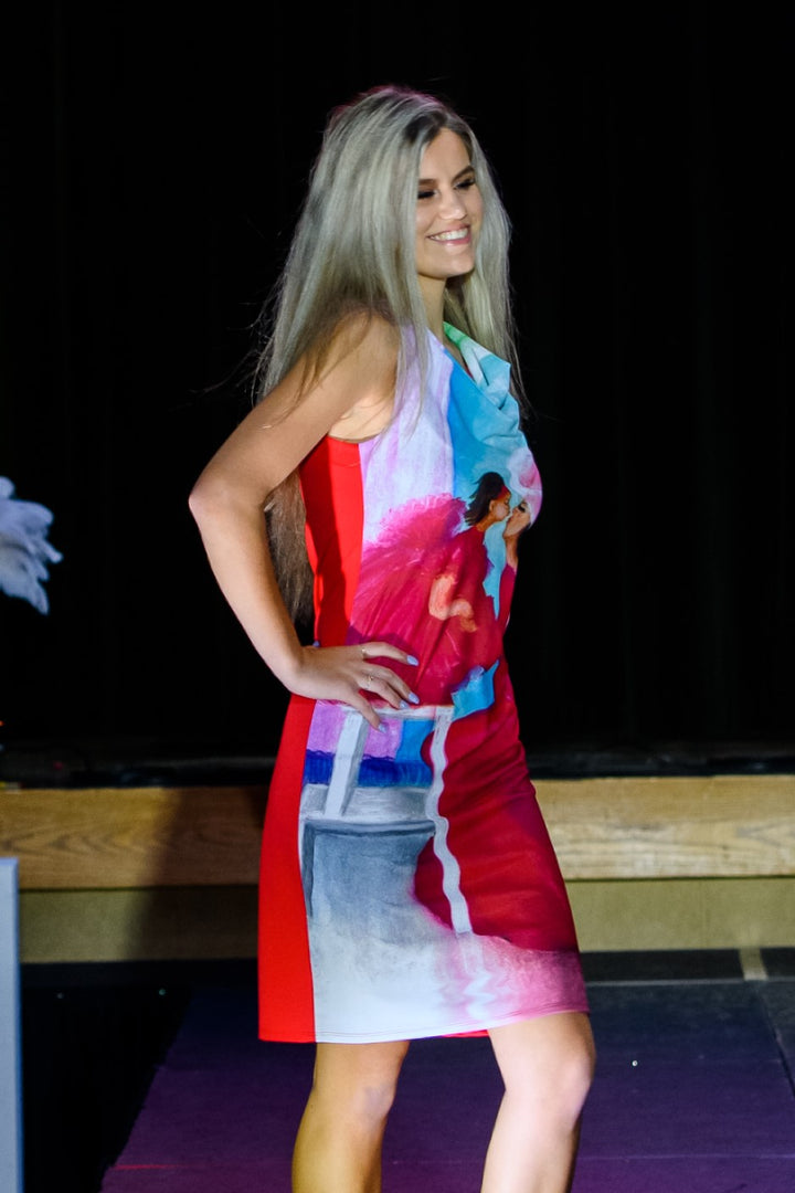 Summer Bright Midi Dress With Sleeves Wearable Art YOU ARE THE BEST by artist Alesia Chaika Made In USA Featured at the Museum Of Contemporary Art Chicago Mom and Daughter Love Story