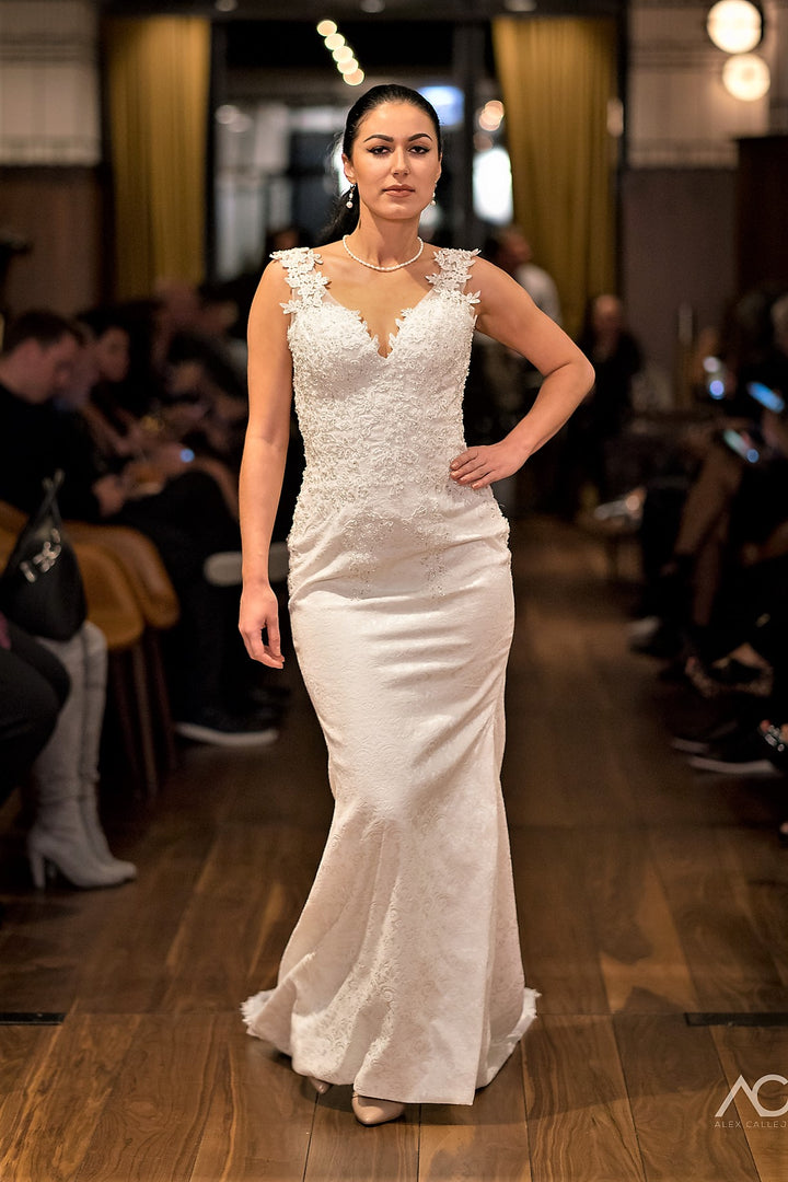 JACQUARDA Beaded Venice Lace V-Neck Sheath Lace Bridal Gown