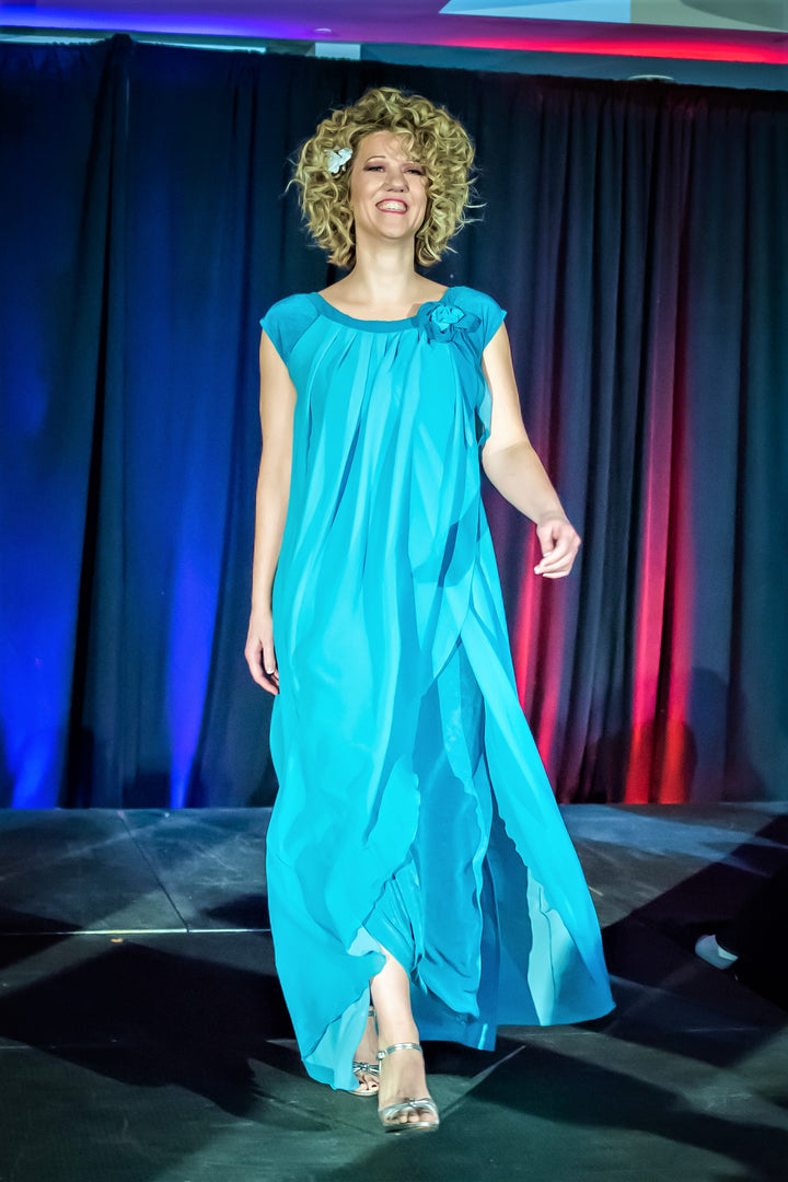 JURIA Loose Flowy Ombre Turquoise Chiffon Evening Gown