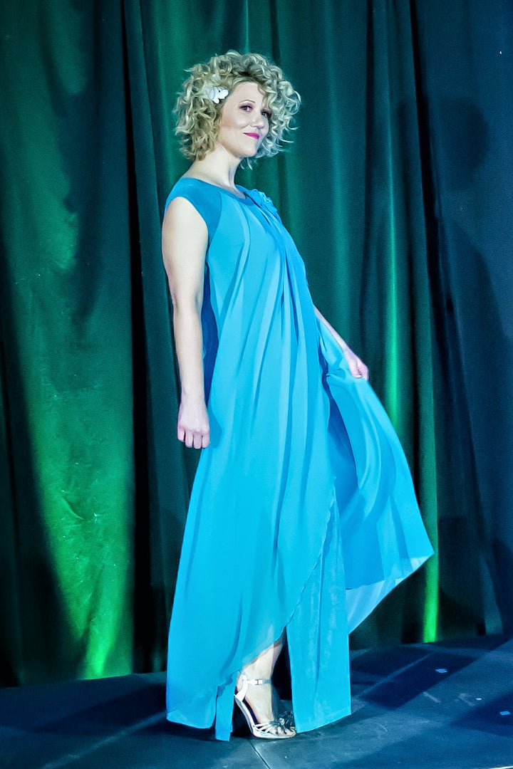 JURIA Loose Flowy Ombre Turquoise Chiffon Evening Gown